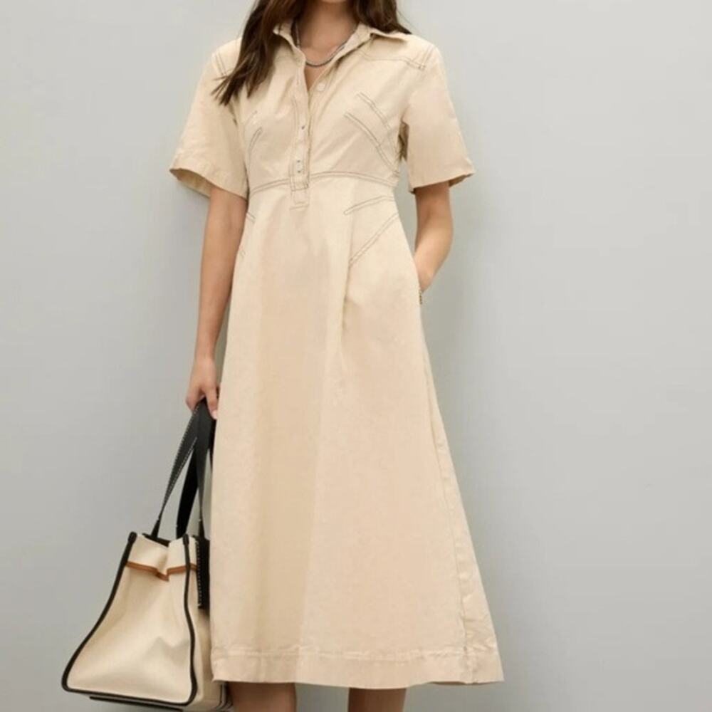 ROSETTA GETTY Beige Twill Cotton Short Sleeve Button Front Dress Size 6